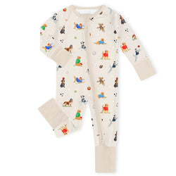 Sporty Pups Oatmeal Bamboo Zipper Romper Pajamas