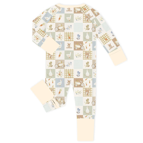Farmhouse Patchwork Cream Bamboo Zipper Romper Pajamas