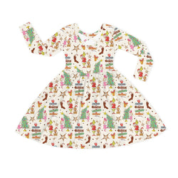 Christmas Green Face Wonderland Kids Bamboo Long Sleeves Dress