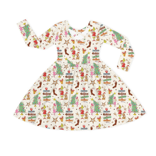 Christmas Green Face Wonderland Kids Bamboo Long Sleeves Dress