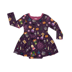 Halloween Witch Sisters Smell Children Long Sleeve Twirl Dress With Bodysuit