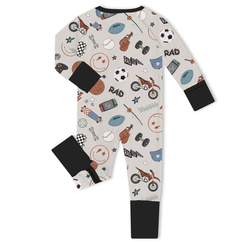 Cool Boy Rad Sports Black Bamboo Zipper Romper Pajamas