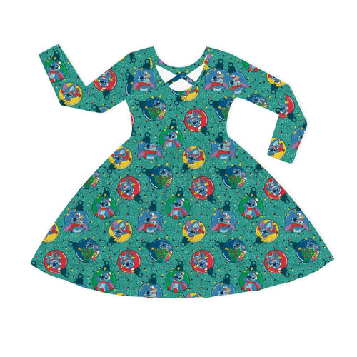 Christmas Playful Blue Buddy Baubles Kids Bamboo Long Sleeves Dress