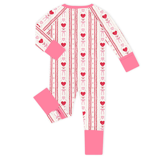 Sweetheart Ribbon Pink Bamboo Zipper Romper Pajamas