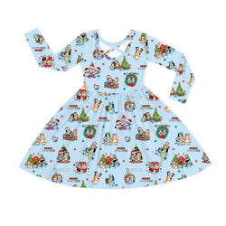 Christmas Dog Friends and Trees Gifts on Sky Blue Kids Bamboo Long Sleeves Dress