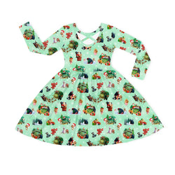 Christmas Mint Holiday Truck and Animal Friends Kids Bamboo Long Sleeves Dress