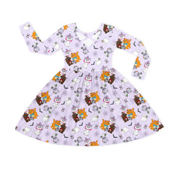 Halloween Midnight Cats and Spider Kids Bamboo Long Sleeves Dress