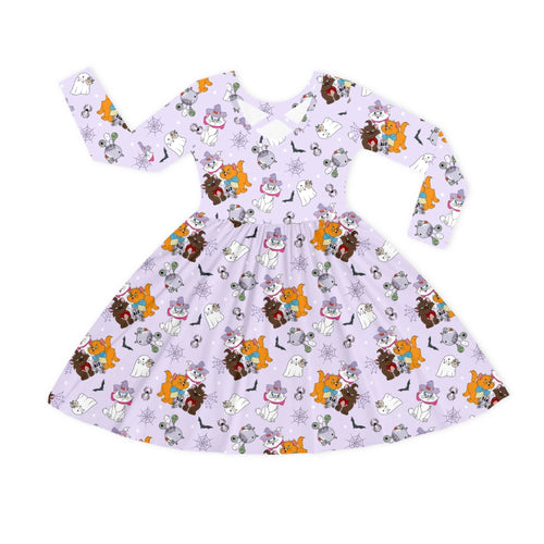 Halloween Midnight Cats and Spider Kids Bamboo Long Sleeves Dress