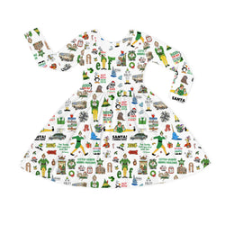 Christmas Little Green Elf Stage Kids Bamboo Long Sleeves Dress