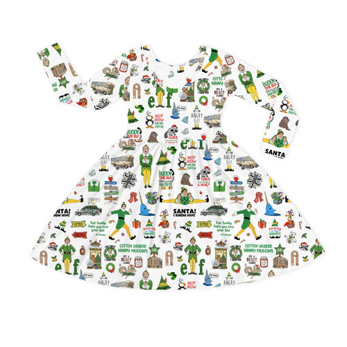 Christmas Little Green Elf Stage Kids Bamboo Long Sleeves Dress