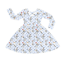 Christmas Big Face Snowman Blue Checkered Kids Bamboo Long Sleeves Dress