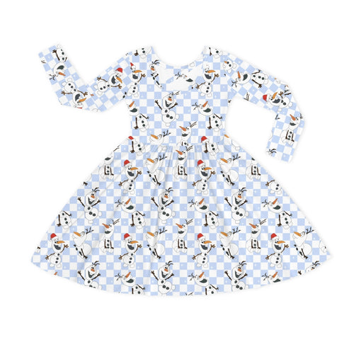 Christmas Big Face Snowman Blue Checkered Kids Bamboo Long Sleeves Dress