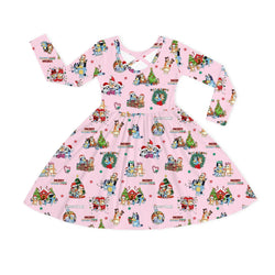 Christmas Dog Friends and Trees Gifts on Pink Kids Bamboo Long Sleeves Dress