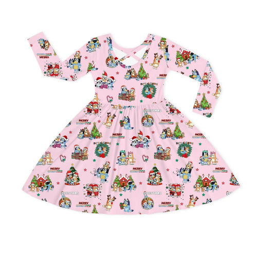 Christmas Dog Friends and Trees Gifts on Pink Kids Bamboo Long Sleeves Dress