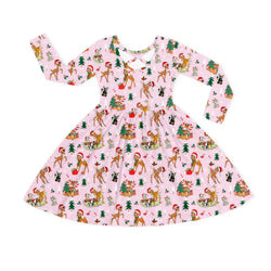 Christmas Pink Deer and Woodland Pals Kids Bamboo Long Sleeves Dress