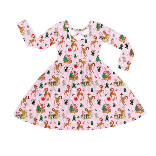 Christmas Pink Deer and Woodland Pals Kids Bamboo Long Sleeves Dress