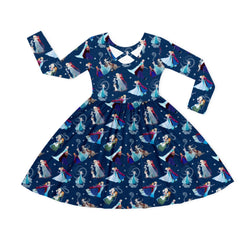 Winter Snowflake Sisters and Friends Blue Kids Bamboo Long Sleeves Dress