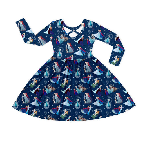 Winter Snowflake Sisters and Friends Blue Kids Bamboo Long Sleeves Dress