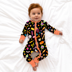 Halloween Spooky Sweet Candy Orange Bamboo Zipper Romper Pajamas