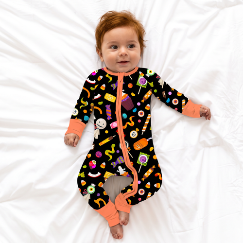 Halloween Spooky Sweet Candy Orange Bamboo Zipper Romper Pajamas
