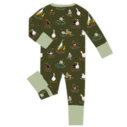 Pondside Duck Parade by the Water Olive Green Bamboo Zipper Romper Pajamas