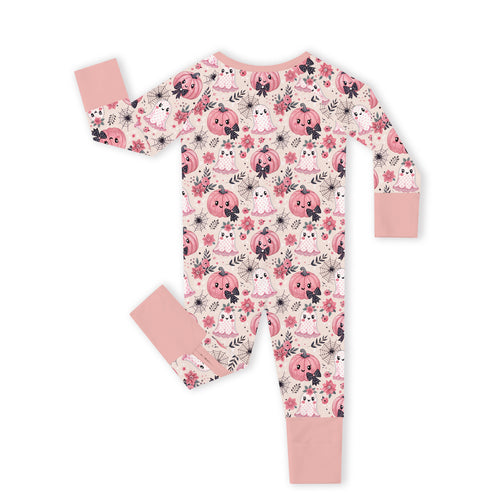 Halloween Pink Pumpkin and Sweet Ghosts Bamboo Zipper Romper Pajamas