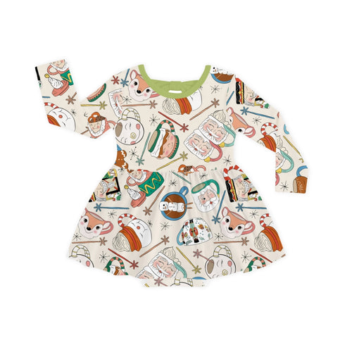 Christmas Mug Print Long Sleeve Twirl Dress With Bodysuit