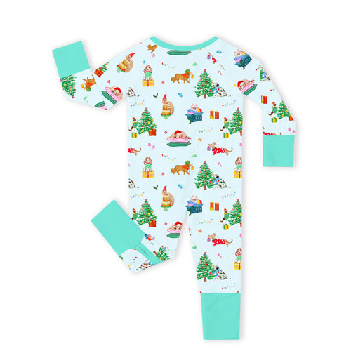 Christmas Holiday Dogs Bamboo Zipper Romper Pajamas