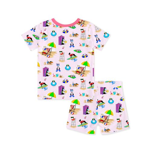 Seaside Surf Pup on Sunny Beach Pink Kids Bamboo Two-Piece Pajama Short Sleeve Set