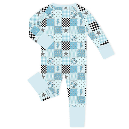 Electric Smiley Check Bamboo Zipper Romper Pajamas