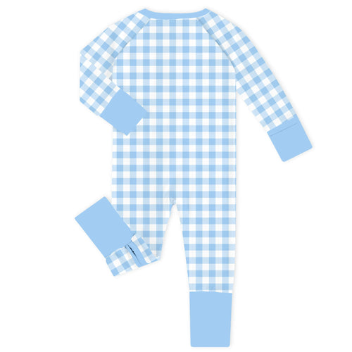 Classic Sunshine Gingham Blue Bamboo Zipper Romper Pajamas