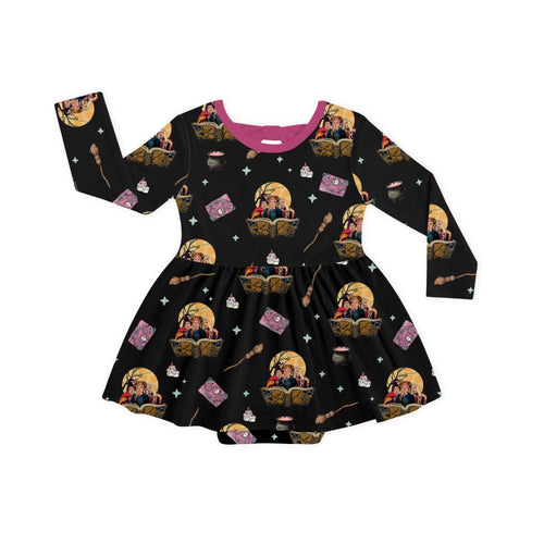 Halloween Witch Sisters Magic Book Long Sleeve Twirl Dress With Bodysuit