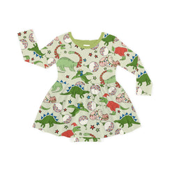 Christmas Cartoon Dinosaur Long Sleeve Twirl Dress With Bodysuit