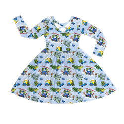 Christmas Blue Car Farm Kids Bamboo Long Sleeves Dress