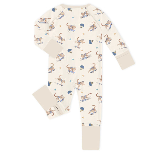 Skateboarding Leopard Cream Bamboo Zipper Romper Pajamas
