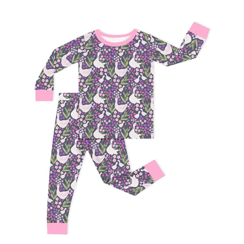 Wildflower Meadow Geese Deep Pink Kids Bamboo Two-Piece Pajama Set