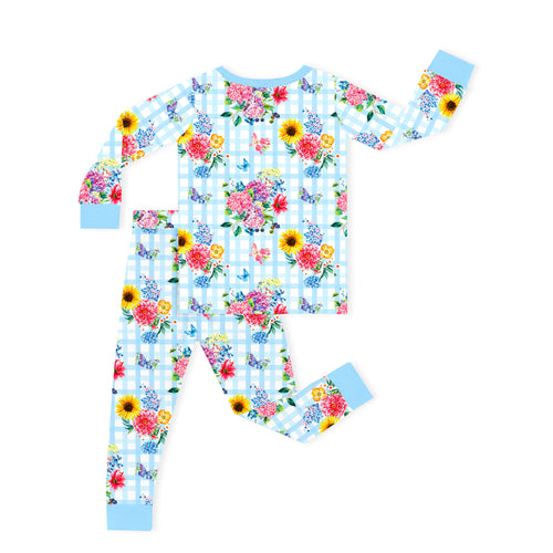 Gingham Garden Bouquet Blue Kids Bamboo Two-Piece Pajama Set