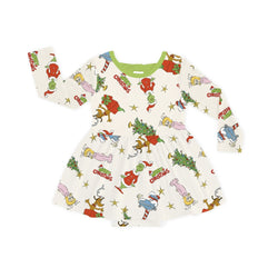 Christmas Green Face And Girl Long Sleeve Twirl Dress With Bodysuit