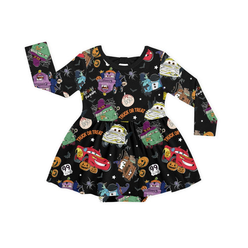 Halloween Car Pumpkin Long Sleeve Twirl Dress With Bodysuit