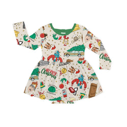 Christmas Green Face Life Long Sleeve Twirl Dress With Bodysuit
