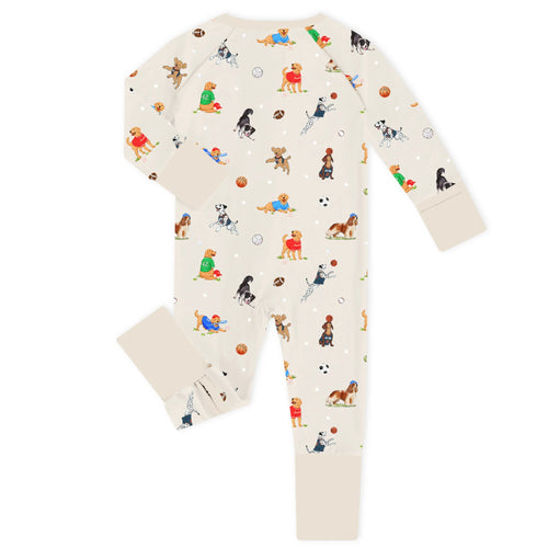Sporty Pups Oatmeal Bamboo Zipper Romper Pajamas