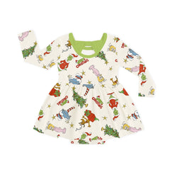 Christmas Green Face And Girl Long Sleeve Twirl Dress With Bodysuit