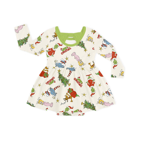 Christmas Green Face And Girl Long Sleeve Twirl Dress With Bodysuit