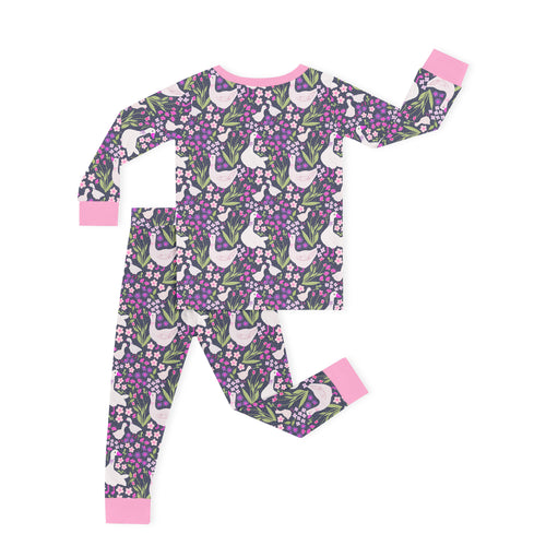 Wildflower Meadow Geese Deep Pink Kids Bamboo Two-Piece Pajama Set