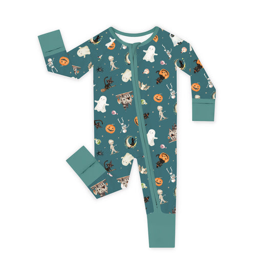 Halloween Spooky Ghost Pumpkin Patch Bamboo Zipper Romper Pajamas