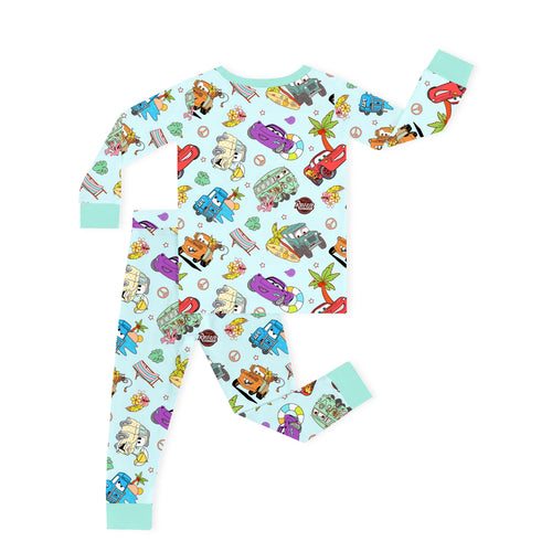 Vintage Cars Road Trip Mint Green Kids Two-Piece Pajama Set