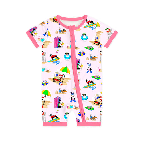 Seaside Surf Pup on Sunny Beach Pink Short Bamboo Zippy Baby Romper