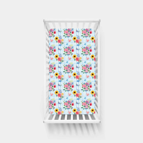 Gingham Garden Bouquet Blue Bamboo Fitted Crib Sheet