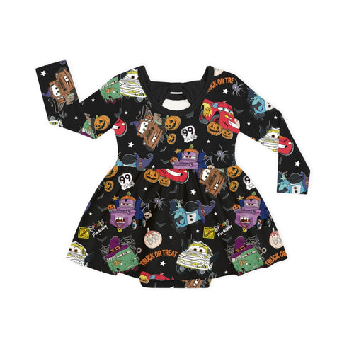 Halloween Car Pumpkin Long Sleeve Twirl Dress With Bodysuit