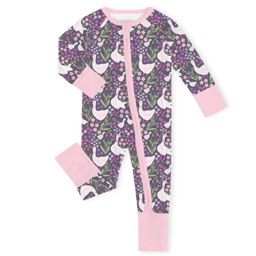 Wildflower Meadow Geese Pink Bamboo Zipper Romper Pajamas